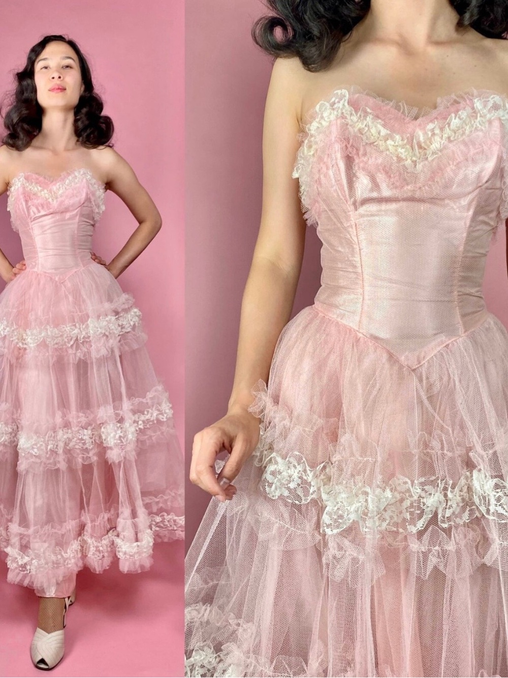1950s Pink and White Tulle Cupcake Dress | Size X-Small